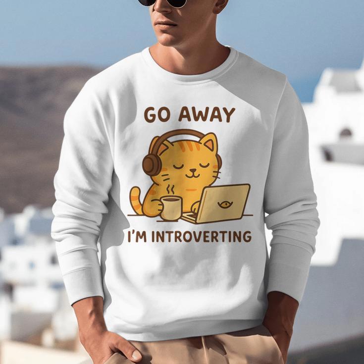 Go Away I'm Introverting Cozy Cat With Laptop And Coffee Unisex Sweatshirt