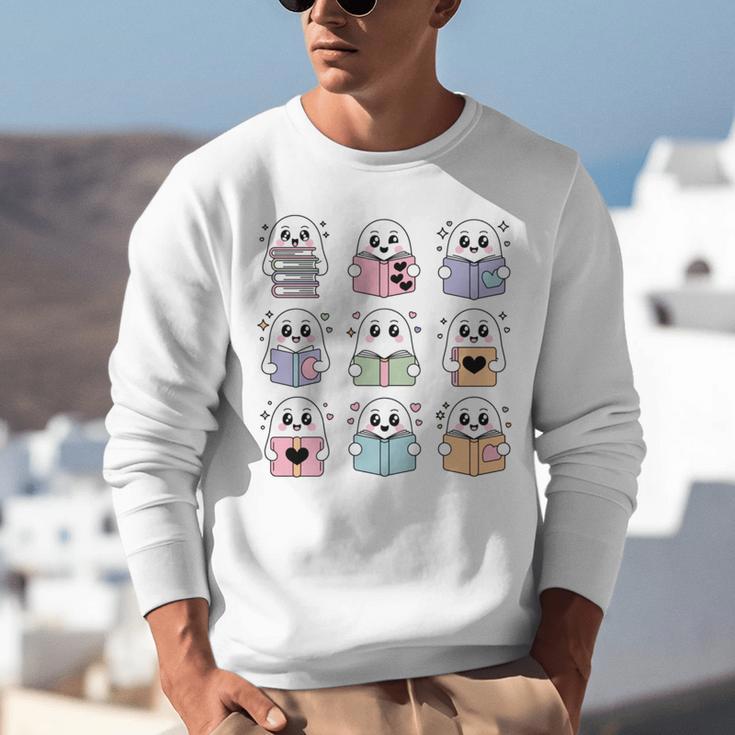 Halloween Ghosts Reading Books Pattern Spooky Kawaii Anime Unisex Sweatshirt