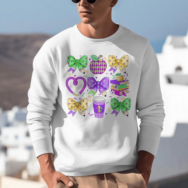 Mardi Gras Teacher Coquette Bow Pencil Apple Book Women Girl Unisex Sweatshirt
