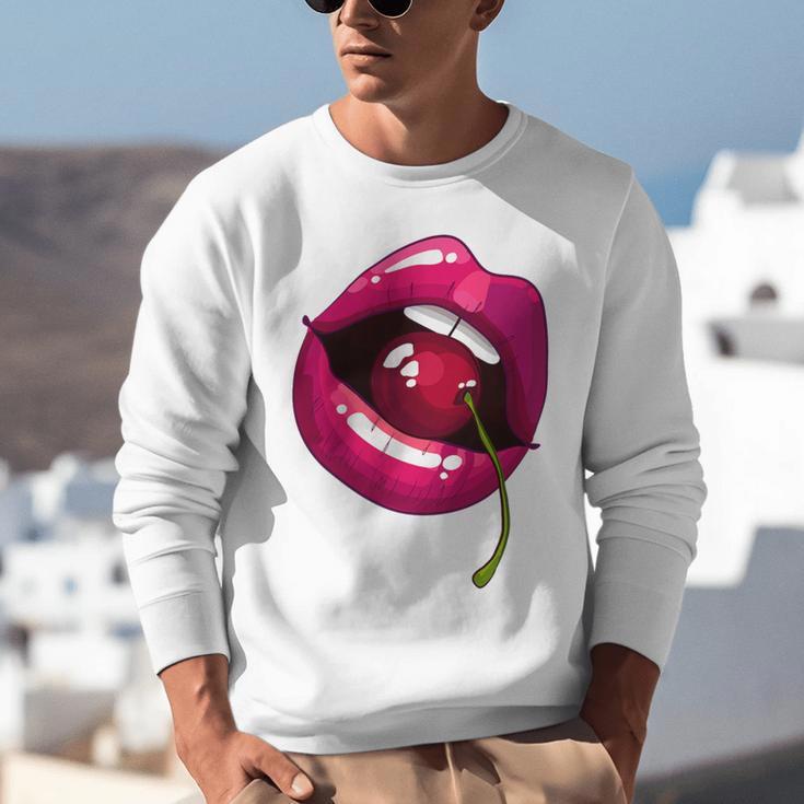 Rainbow Lips With a Cherry In The Mouth 80s Nostalgia Premium Tri-Blend Unisex Sweatshirt