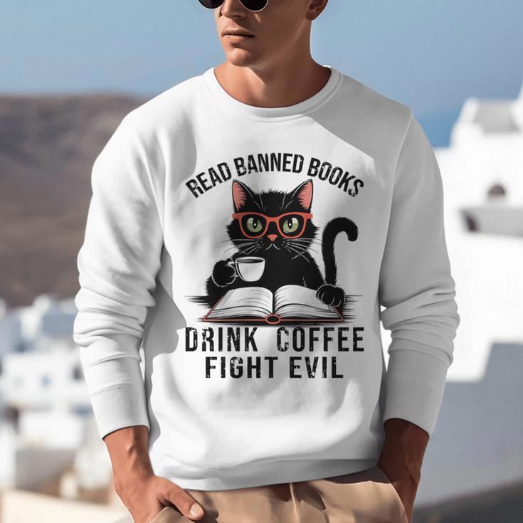 Read Banned Books Drink Coffee Fight Evil Retro Cat Unisex Sweatshirt