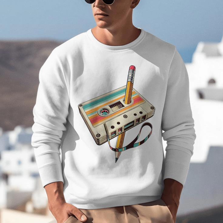 Retro Cassette Tape & Pencil Rewind Nostalgia Party 80s 90s Premium Unisex Sweatshirt