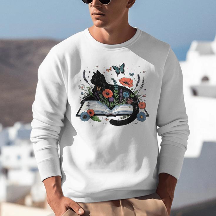 Retro Cute Cat Floral Book Librarian Vintage Floral Cat Book Unisex Sweatshirt