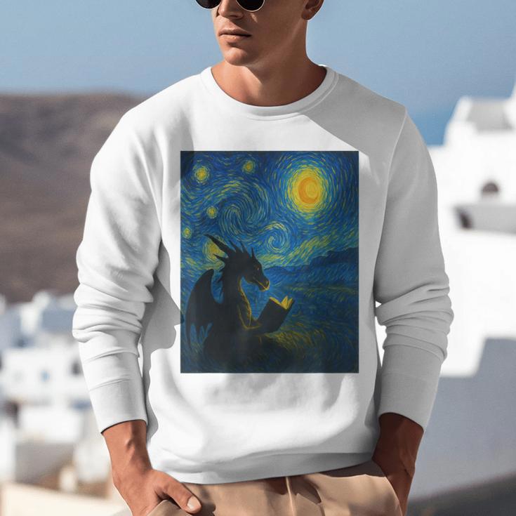 Van Gogh Starry Night Fantasy Reader Dragon Reading Book Unisex Sweatshirt