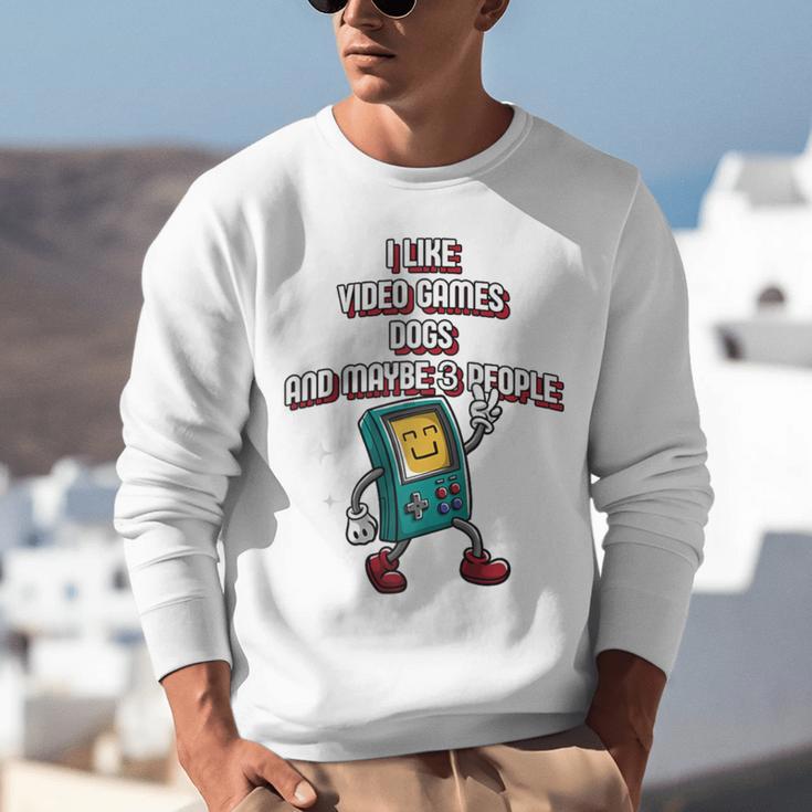 I Like Video Games Dogs And Maybe 3 People Gamer Introvert Raglan Baseball Tee Unisex Sweatshirt