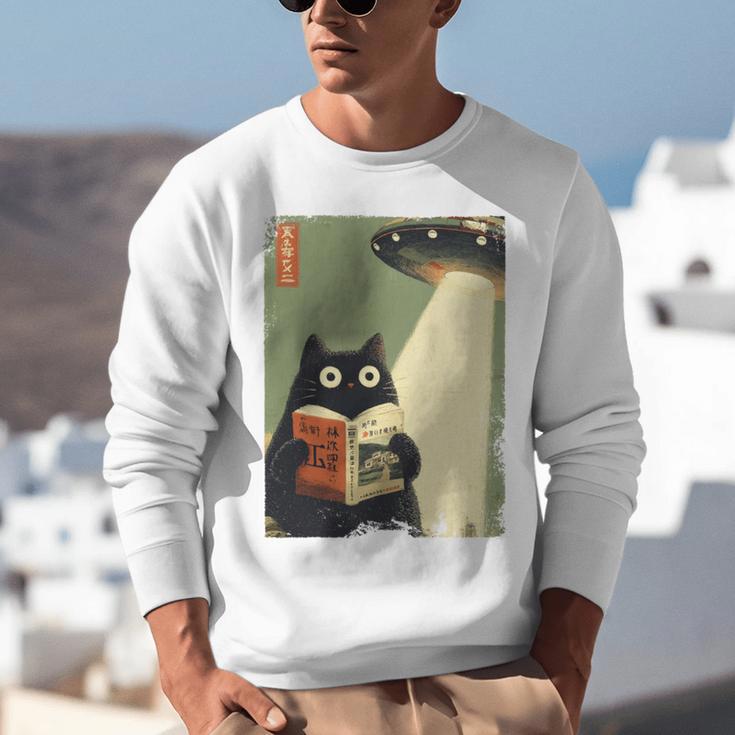 Vintage Japanese Cat Book Lovers UFO Alien Abduction Cat Dad Unisex Sweatshirt Vintage Japanese Cat Book Lovers UFO Alien Abduction Cat Dad Unisex Sweatshirt