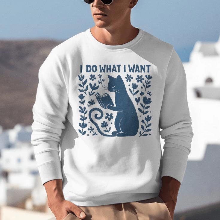 I Do What I Want Cat Reading Book Boho Flowers Vintage Unisex Sweatshirt