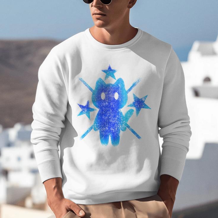Yk2 Grunge Earthy Blue Cat With Stars Tomboy 90s Nostalgia Unisex Sweatshirt