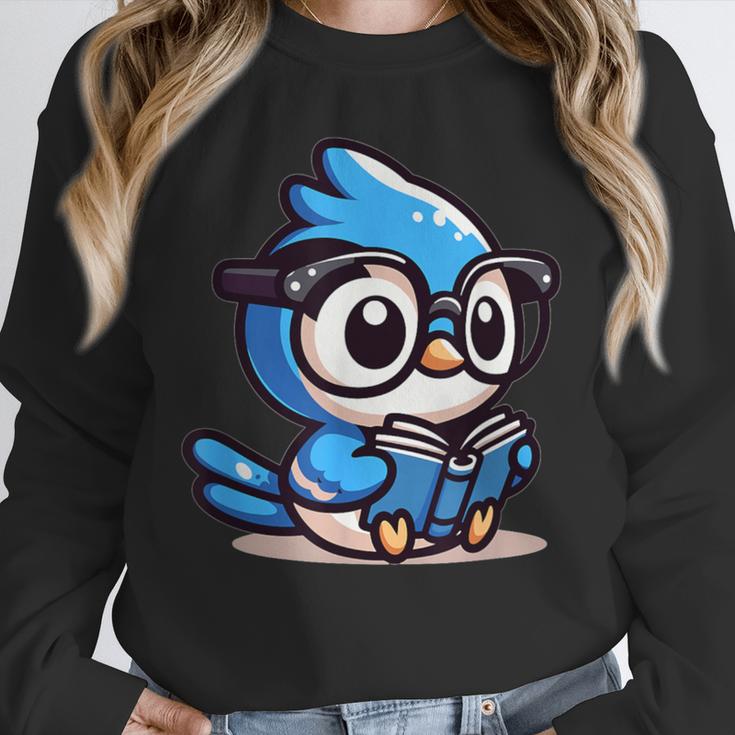 Adorable Book Lover Blue Jay With Reading Glasses Cute Unisex Sweatshirt