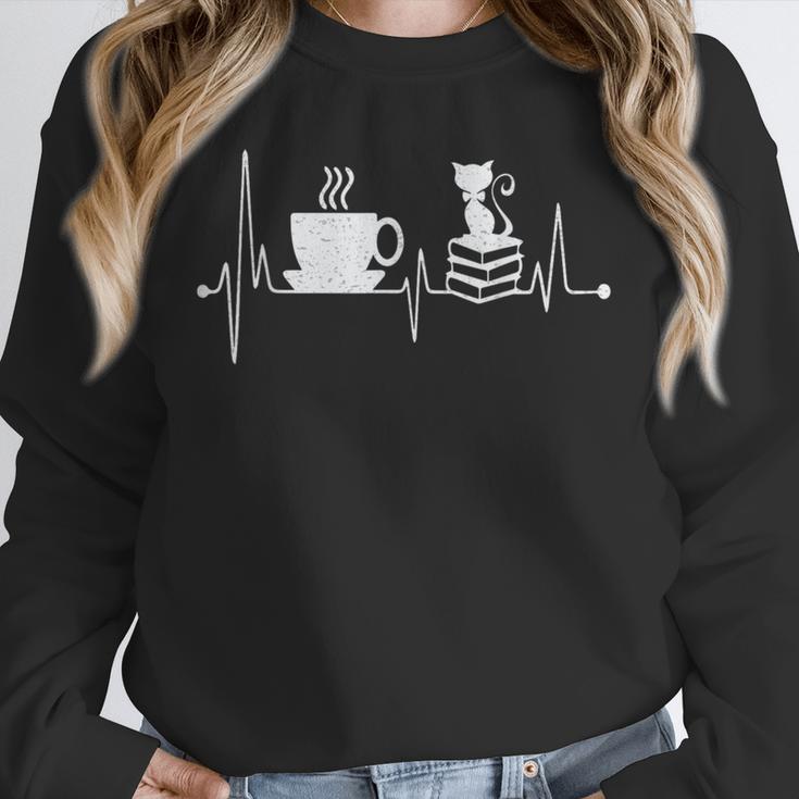 Cat Book Coffee Lover Heartbeat Cat Lover Book Lover Unisex Sweatshirt