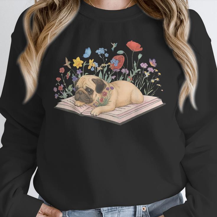 Color Floral Cute Pug Dog On Book Reading Bookworm Reader Unisex Sweatshirt