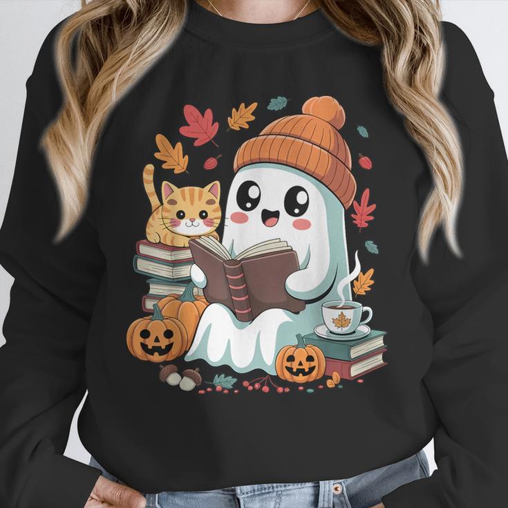 Cute Cozy Ghost Reading With Cat Book Lover Autumn Fall Unisex Sweatshirt Cute Cozy Ghost Reading With Cat Book Lover Autumn Fall Unisex Sweatshirt
