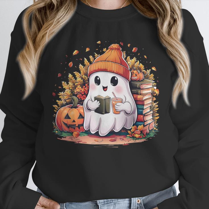 Cute Ghost Drinking Coffee Halloween Reading Book Retro Unisex Sweatshirt Cute Ghost Drinking Coffee Halloween Reading Book Retro Unisex Sweatshirt