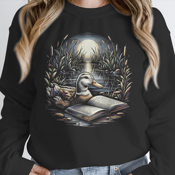 Duck Reading Book Full Moon Lake Scenery Unisex Sweatshirt
