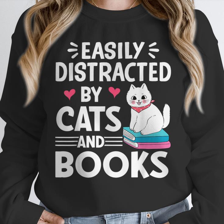 Easily Distracted By Cats And Books Cute Cat And Book Lovers Unisex Sweatshirt
