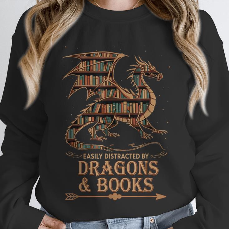 Easily Distracted By Dragons And Books Library Dragon Lover Unisex Sweatshirt