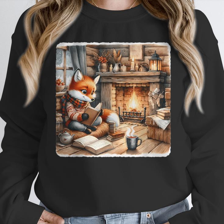 Fox Reads By Fireplace In Cabin Rustic Book Cozy Cup Tea Unisex Sweatshirt