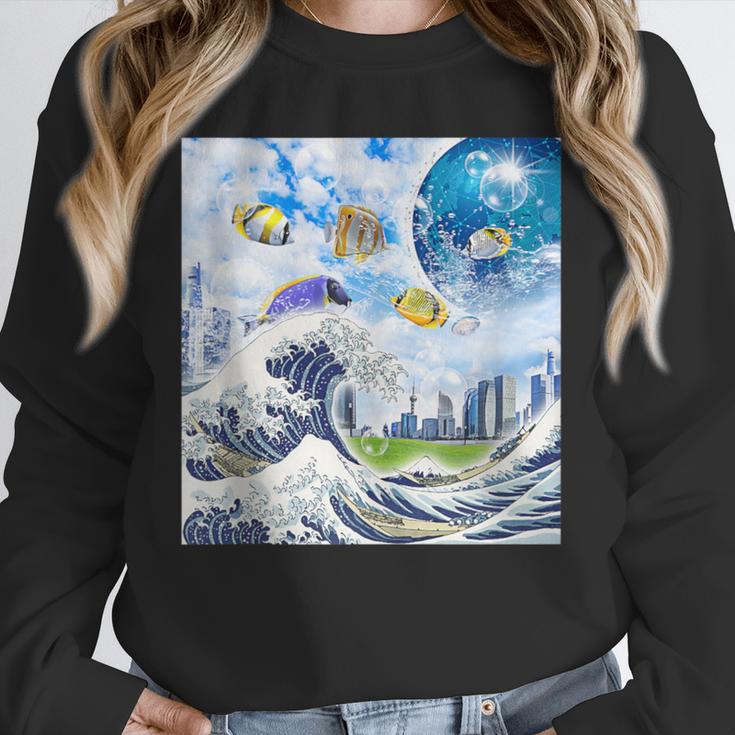 Frutiger Aero Aesthetic Tech Great Wave Of Kanagawa Fishes Unisex Sweatshirt