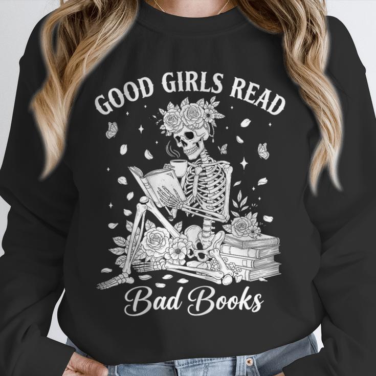 Good Girls Read Bad Books Skeleton Reading Book Halloween Unisex Sweatshirt