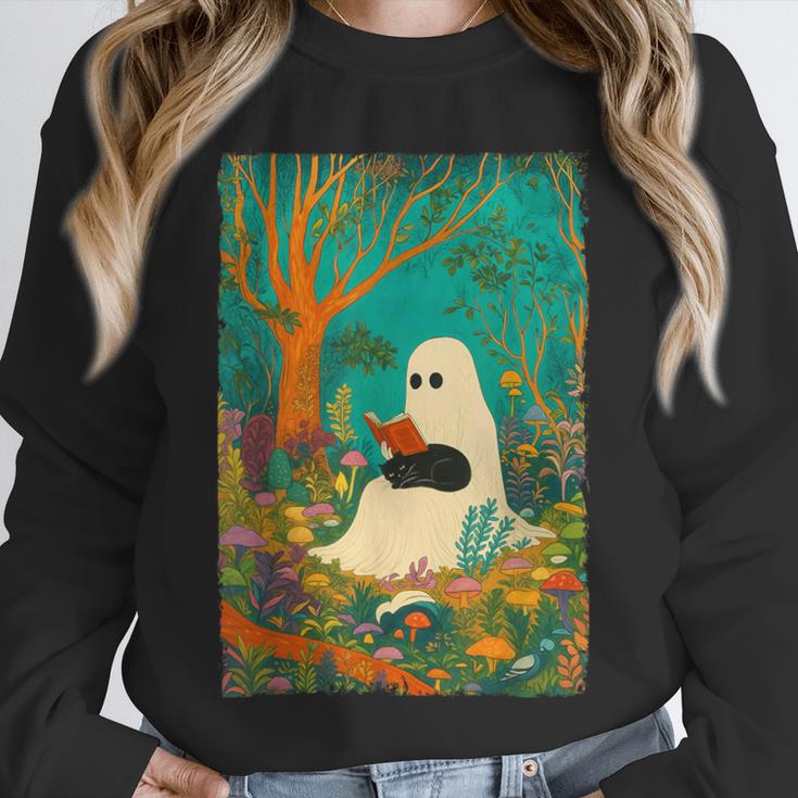 Groovy Ghost Reading Book Cat Halloween Ghost Teacher Unisex Sweatshirt