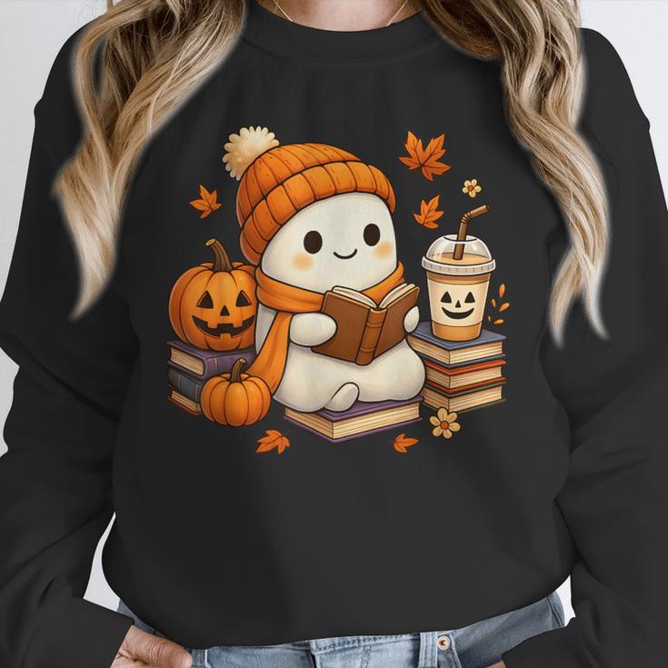 Halloween Ghost Reading Book Lovers Coffee Girl Women Unisex Sweatshirt