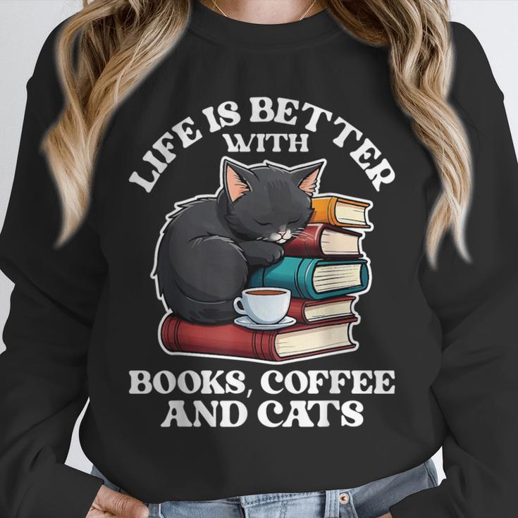 Life Is Better With Books Cats & Coffee Librarian Book Lover Unisex Sweatshirt