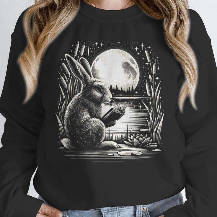Rabbit Reading Book Full Moon Lake Scenery Unisex Sweatshirt