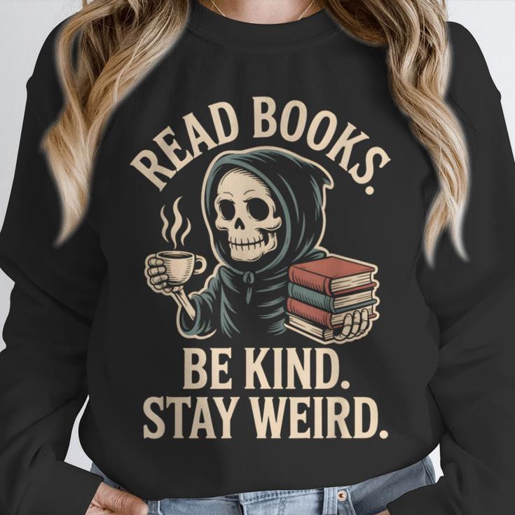 Read Books Be Kind Stay Weird Skeleton Grim Reaper Reading Unisex Sweatshirt
