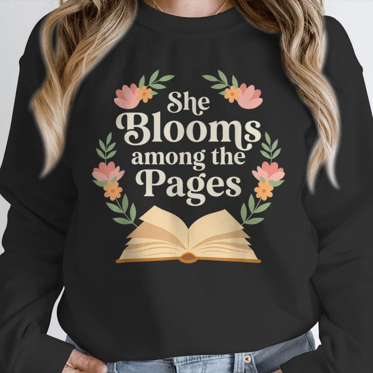 She Blooms Among The Pages Women Mom Wife Floral Book Quote Unisex Sweatshirt