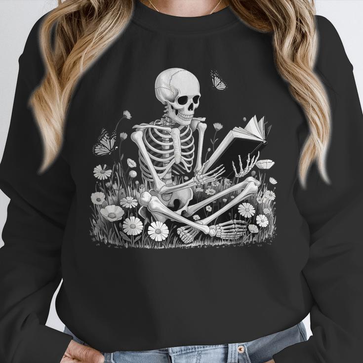 Skeleton Reading Book Floral Dark For Book Lovers Unisex Sweatshirt