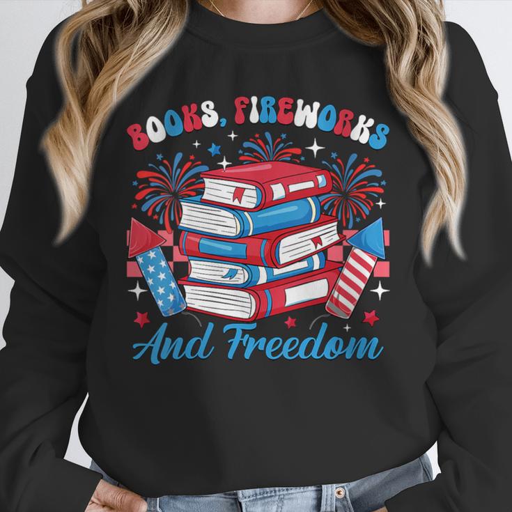 Women's Books Fireworks And Freedom Independence Day Book Lover Unisex Sweatshirt