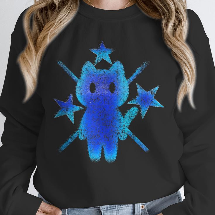 Yk2 Grunge Earthy Blue Cat With Stars Tomboy 90s Nostalgia Unisex Sweatshirt