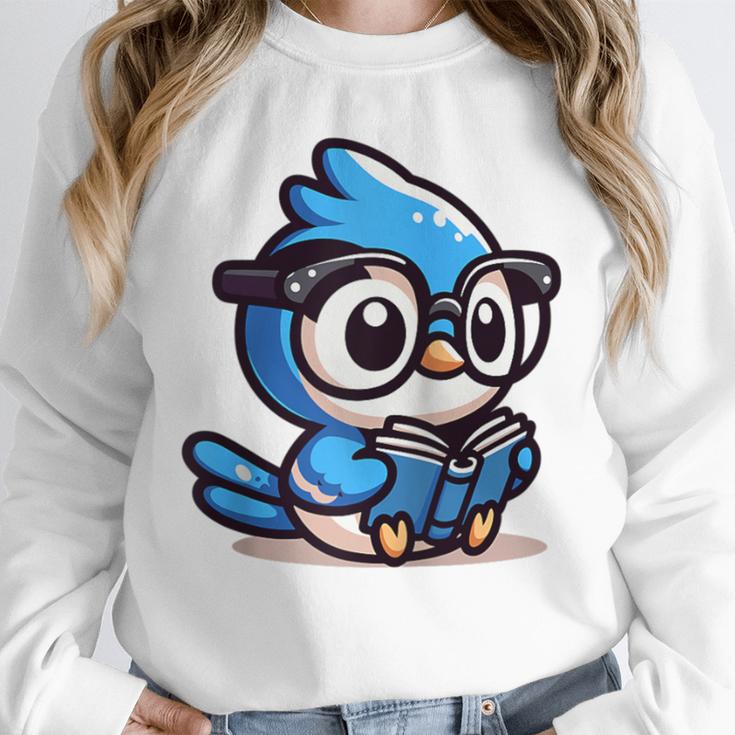 Adorable Book Lover Blue Jay With Reading Glasses Cute Raglan Baseball Tee Unisex Sweatshirt