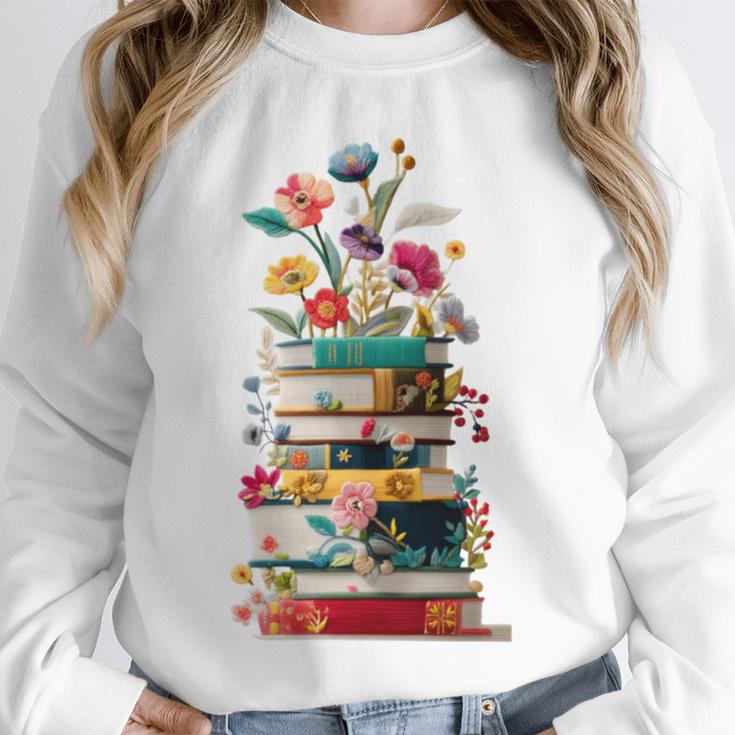 Book Stack With Flowers Reading Lover Bookish Unisex Sweatshirt
