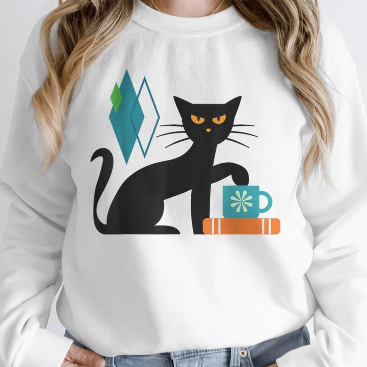 Cat Midcentury With Book And Coffee Atomic Age Mid Century Unisex Sweatshirt