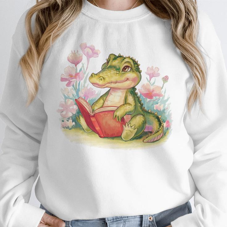 Crocodile Reading Book Watercolor Flowers Kids Unisex Sweatshirt