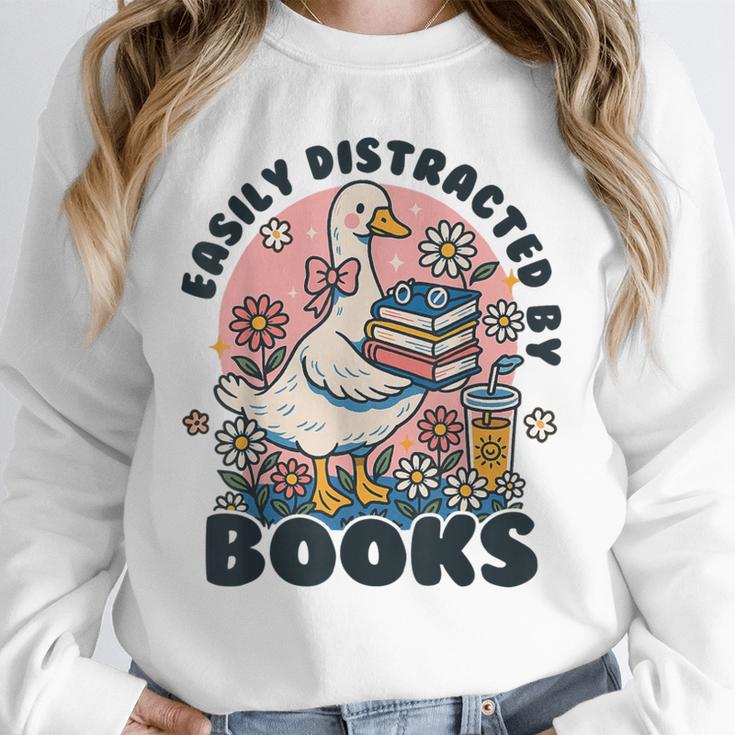 Easily Distracted By Books Read Goose Lover Bookworm Reading Unisex Sweatshirt