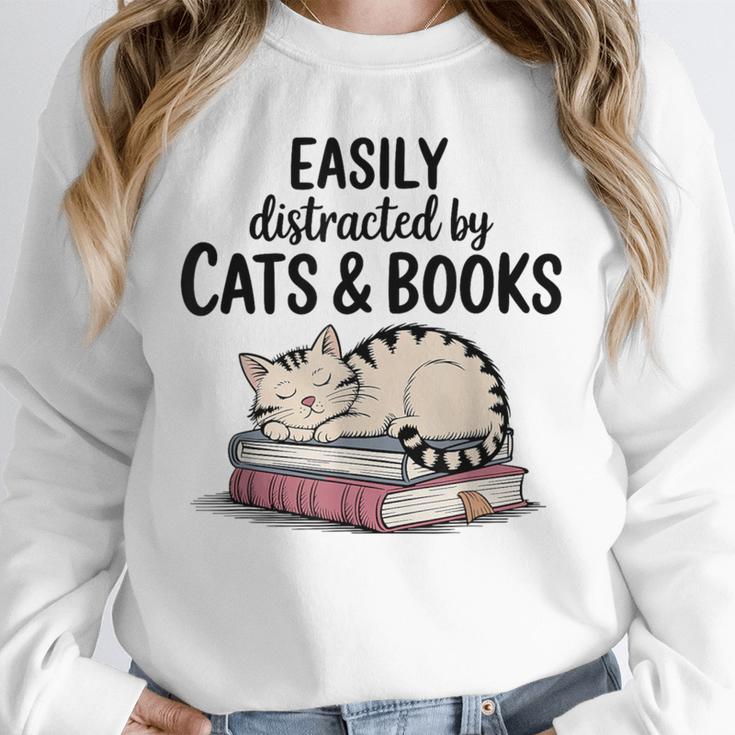 Easily Distracted By Cats And Books Cute Book Lover Unisex Sweatshirt