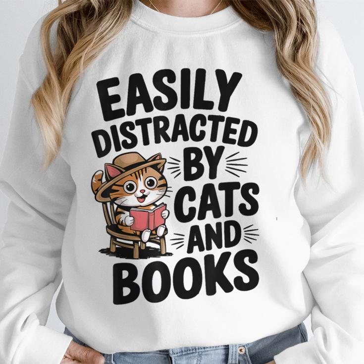 Easily Distracted By Cats And Books Lovers Reading Unisex Sweatshirt Easily Distracted By Cats And Books Lovers Reading Unisex Sweatshirt