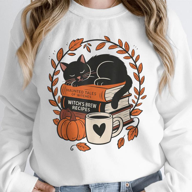 Fall Book Teacher Cat Books Halloween Autumn Librarian Unisex Sweatshirt