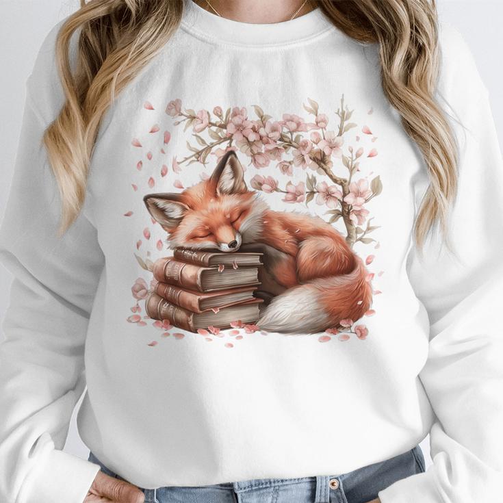 Fox And Book Lover Graphic For Women And Spring Pink Flower Unisex Sweatshirt