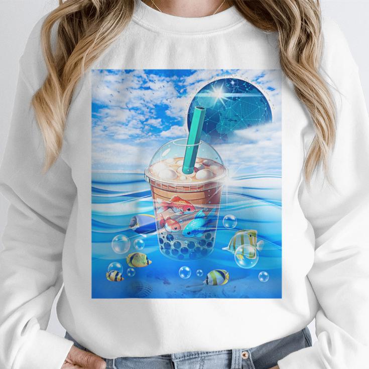 Frutiger Aero Aesthetic Tech Bubble Tea Boba Milktea Fishes Raglan Baseball Tee Unisex Sweatshirt