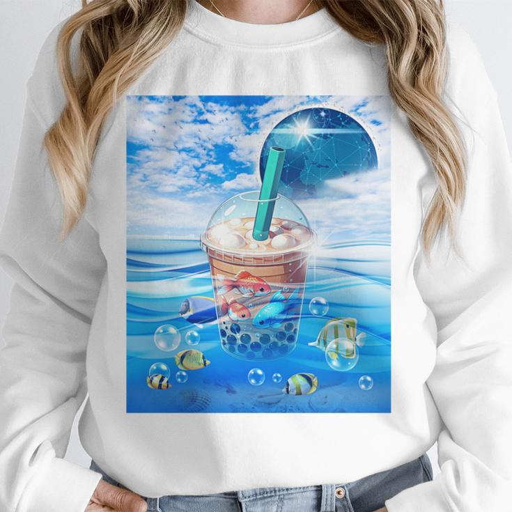 Frutiger Aero Aesthetic Tech Bubble Tea Boba Milktea Fishes Unisex Sweatshirt