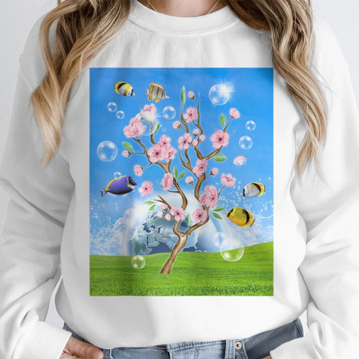 Frutiger Aero Aesthetic Tech Cherry Blossom Fishes Bubbles Raglan Baseball Tee Unisex Sweatshirt
