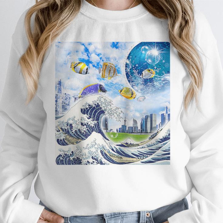 Frutiger Aero Aesthetic Tech Great Wave Of Kanagawa Fishes Raglan Baseball Tee Unisex Sweatshirt