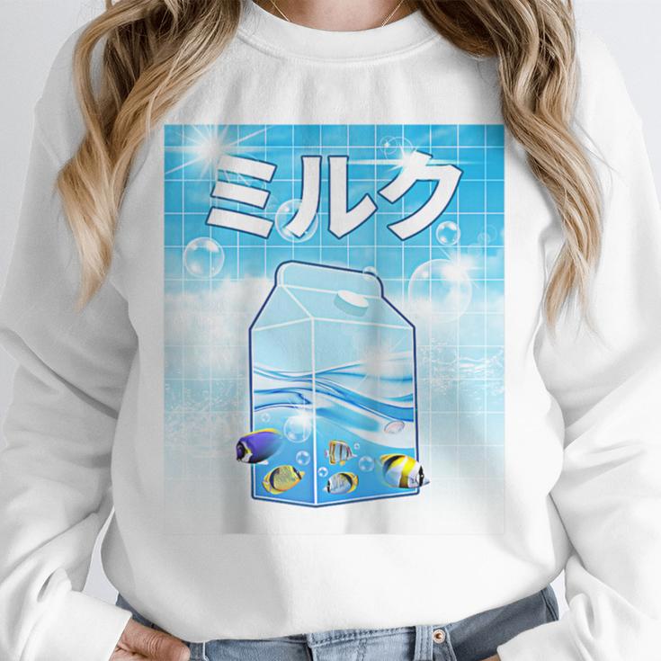 Frutiger Aero Aesthetic Tech Kawaii Milk Underwater Fishes Raglan Baseball Tee Unisex Sweatshirt