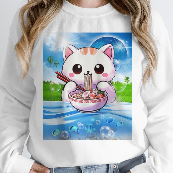 Frutiger Aero Aesthetic Tech Kawaii Ramen Cat Fishes Raglan Baseball Tee Unisex Sweatshirt
