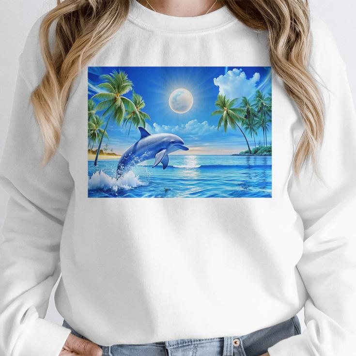Frutiger Aero Dolphin Sunset Ocean With Palm Trees Y2k Premium Unisex Sweatshirt