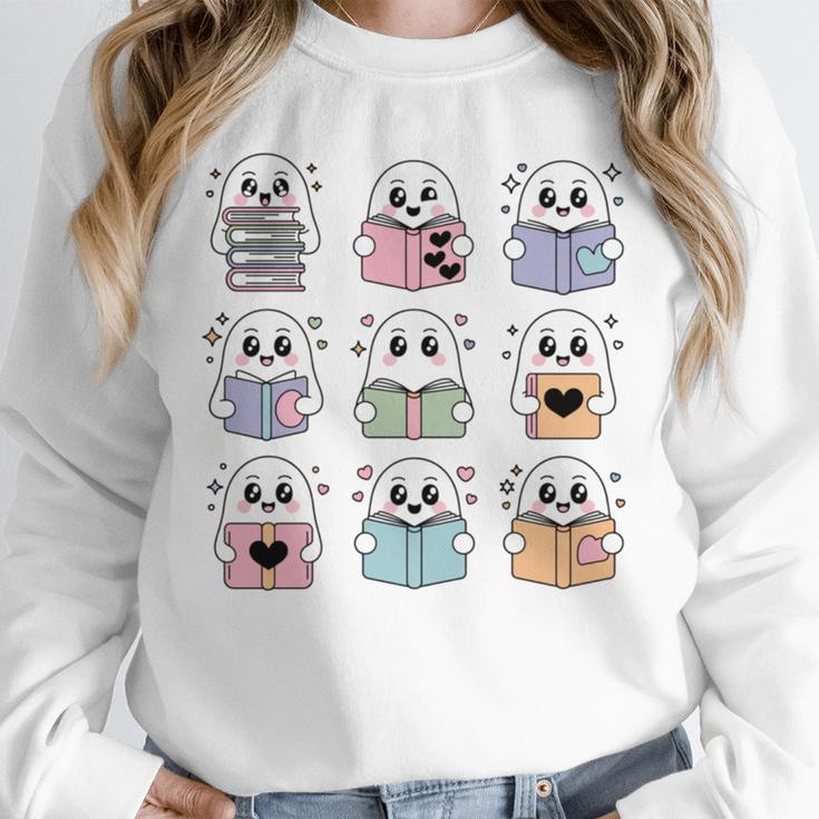 Halloween Ghosts Reading Books Pattern Spooky Kawaii Anime Unisex Sweatshirt
