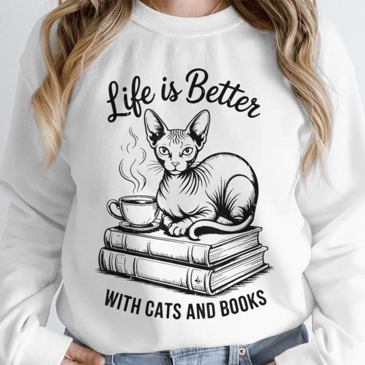 Life Is Better With Cats & Books Sphynx Cat Mom Women Unisex Sweatshirt